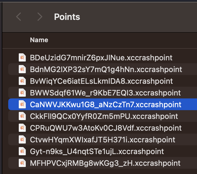 Crashes inside ~/Library/Developer/Xcode/Products/YOUR_APP_BUNDLE_ID/Crashes/Points