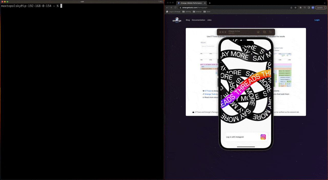 GIF of generating a flame chart of Threads startup with ETTrace