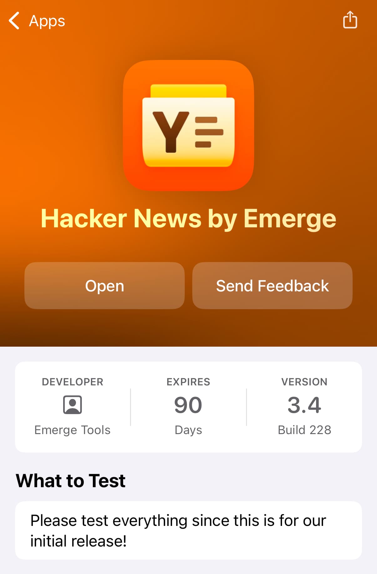 Screenshot of Hacker News beta test on TestFlight