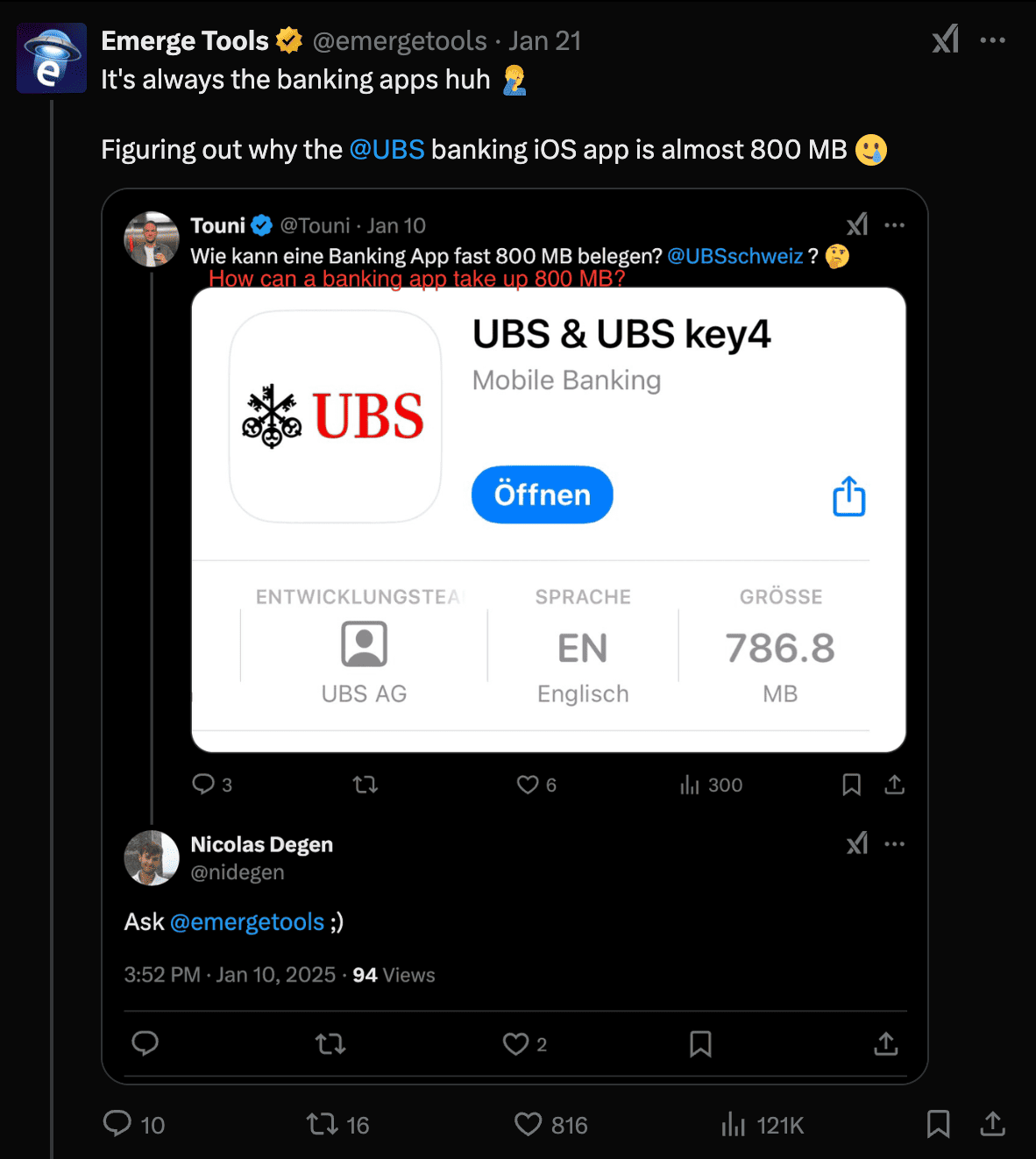 Screenshot of UBS app size analysis tweet