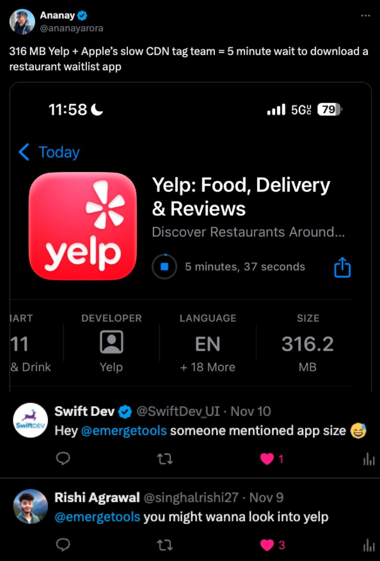 Screenshot of Yelp app size analysis tweet