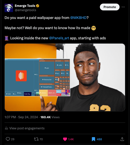 Screenshot of Emerge Tools tweet about the Panels wallpaper app by MKBHD